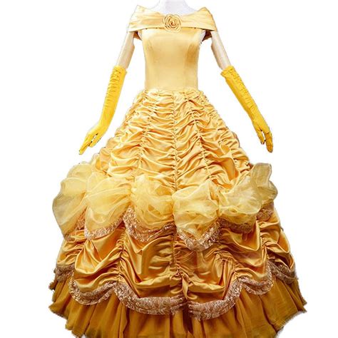 Adult Princess Belle Gold Satin Ruffled Lace Ball Gown Costume