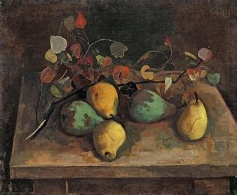 A Painting Of Pears And Leaves On A Table