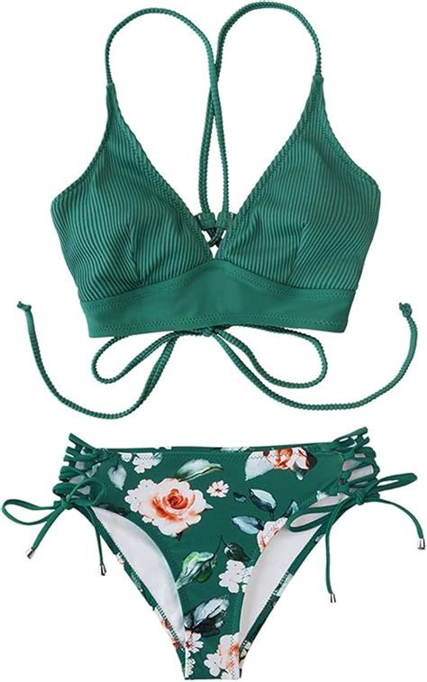 Amazon Green And Floral Mid Waist Bikini Sets Swimsuit Women Sexy