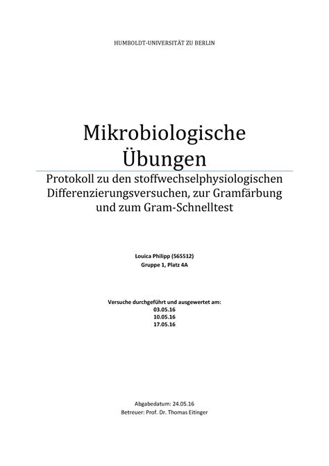 Mibi Protokoll Zu Berlin Mikrobiologische Protokoll Zu Den