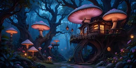 enchanted mushroom house   mystical forest  night  digital