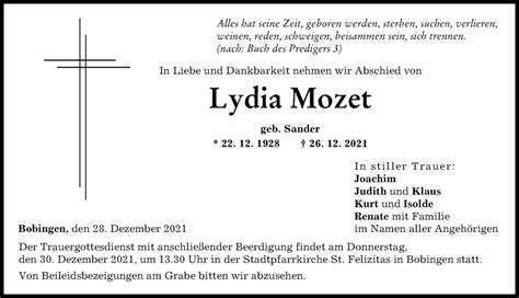 Traueranzeigen von Lydia Mozet Allgäuer Zeitung