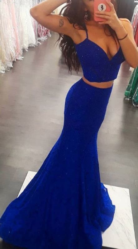 Fashion Fitted Royal Blue High Quality French Lace Two Piece Prom Dres