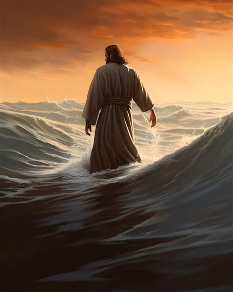 Premium Photo Back View Of Jesus Christ Walking On Water At Sea