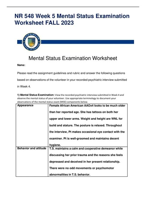 Nr Week Mental Status Examination Worksheet Fall Nr