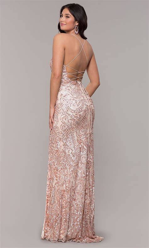 Long Sequin Open Back V Neck Prom Dress By PromGirl Rose Gold Prom