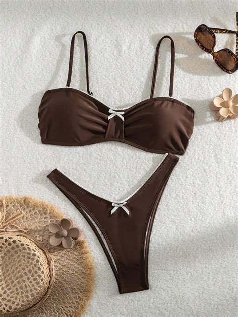 Shein Swim Mod Women S Vacation Bikini Set With Bow Decor Ruched Design And Separated Swimsuit
