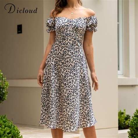 Dicloud Sexy Off Shoulder Backless Leopard Print Vintage Dresses Women