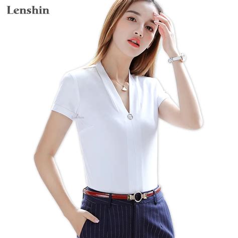 Lenshin De Manga Corta Con Cuello En V Camisa Blanca Elegante Mujer