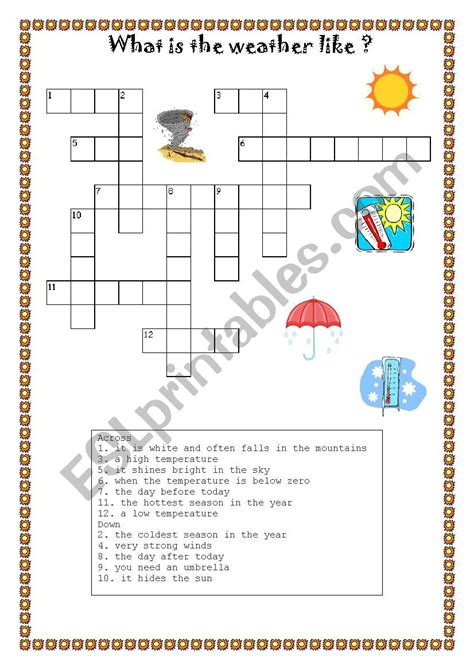 Weather Vocabulary Crosswords Esl Worksheet By Eileeroy