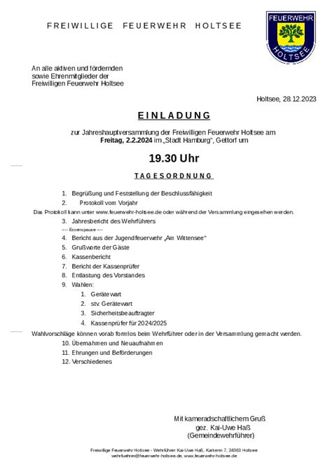 Gemeinde Holtsee Einladung Zur Jahreshauptversammlung