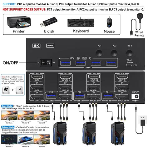 Тройной HDMI + Displayport KVM переключатель 3 Монитора 3 компьютера ...