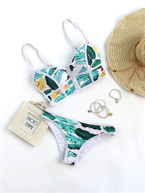 Tropical Print Zip Front Contrast Binding Bikini Set Shein Sheinside