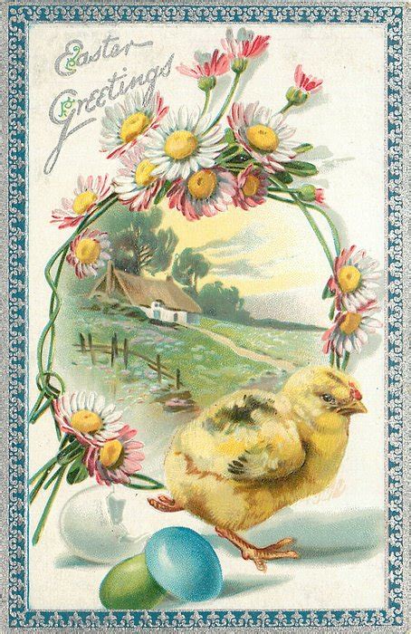 EASTER GREETINGS Chick Stands Below Daisy Bordered Inset Of House And