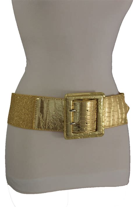 Women Metallic Gold Stretch Fabric Sexy Belt Big Square Buckle Hip