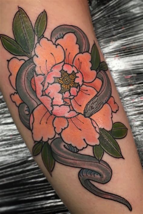 Tattoo Uploaded By Jen Mogg Snake And Peony 1121289 Tattoodo