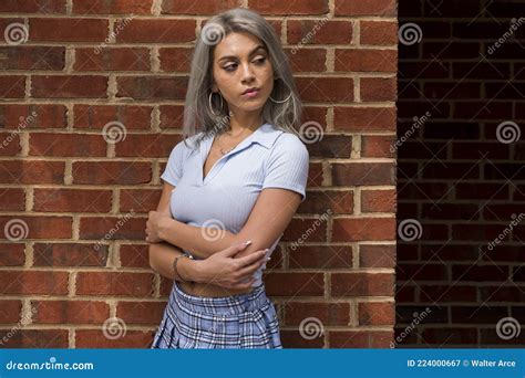 Une Belle Blonde Pose Dehors Dans Un Environnement Urbain Image stock Image of coloré