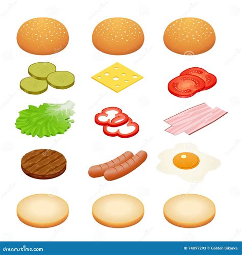 Burger Isometric. Burger Ingredients on White Backgrounds. Ingredients