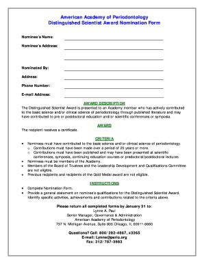 Fillable Online Perio Distinguished Scientist Award Nomination Form Fax