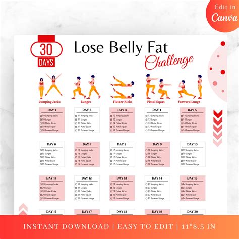 Editable 30 DAYS Lose Belly Fat Challenge, Belly Exercise, Belly