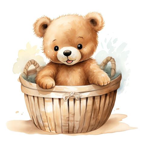 Lindo bebé oso de acuarela en cesta ilustración osos de peluche clipart