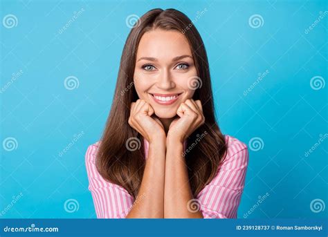 Portrait Of Optimistic Brunette Lady Hands Face Wear Pink Shirt