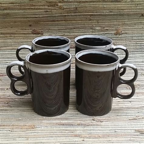 Japanese Ceramic 1970s Coffee Mug Set Of 4 Dark Brown And Gray Glaze