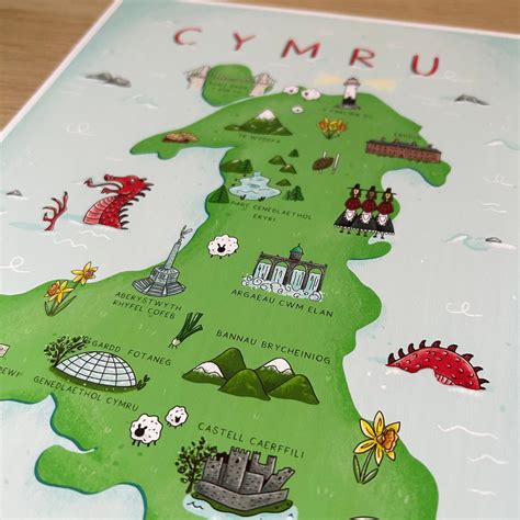 A4 Map Of Wales Illustrated Map Map O Gymru Cymru Cymraeg Landmarks