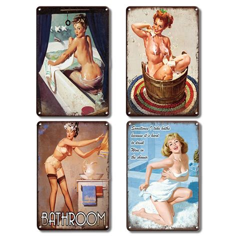 BieFuDan 4Pcs Vintage Get Naked Sign Vintage Wall Decor Retro Art Tin Sign Bathroom Sexy Pinup
