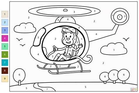 Color By Number Monkey With Helicopter Coloring Page Free Printable