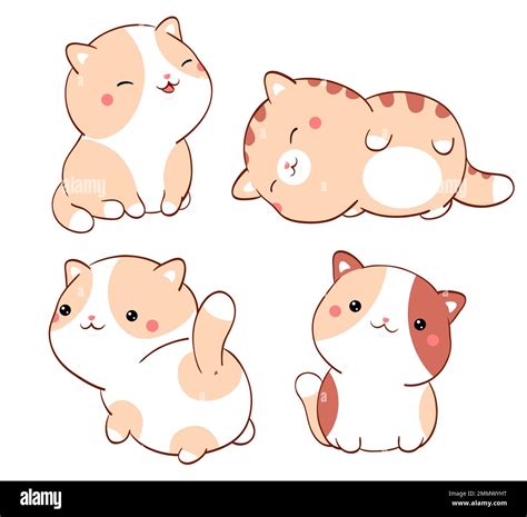 Set of cute fat cats kawaii style. Collection of lovely little kitty in different poses. Can be ...