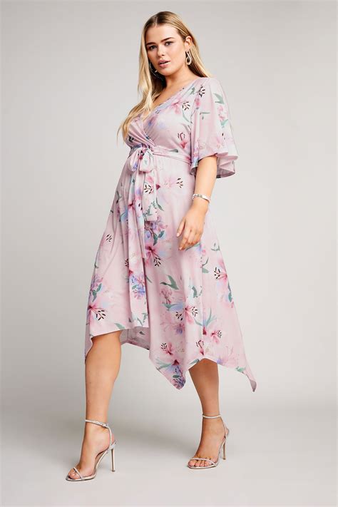 Yours London Plus Size Light Pink Floral Print Hanky Hem Wrap Dress