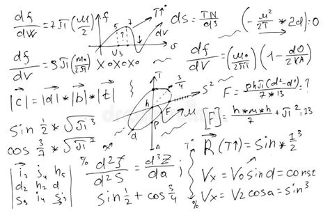 Scientific Physical Formulas And Calculations Educational Background Hand Drawn On White Stock