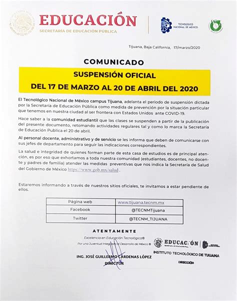 COMUNICADO SUSPENSIÓN OFICIAL DEL 17 DE MARZO AL 20 DE ABRIL DEL 2020