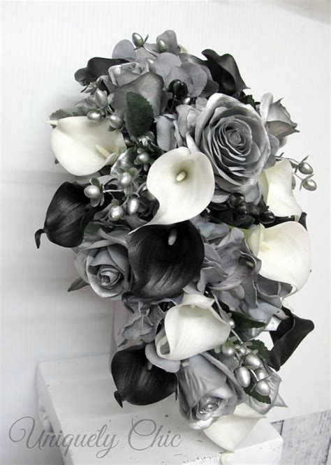 Cascading Bouquet Silver Rose Black And White Calla Lily Etsy