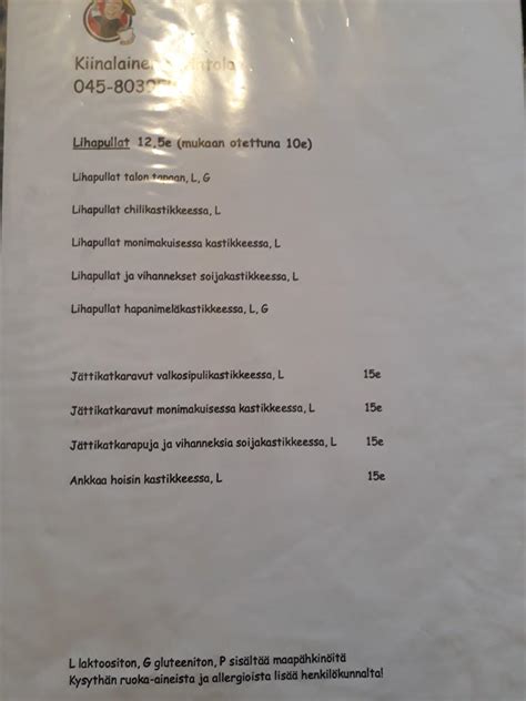 Menu At Shuang Long Kiinalainen Ravintola Restaurant Sein Joki