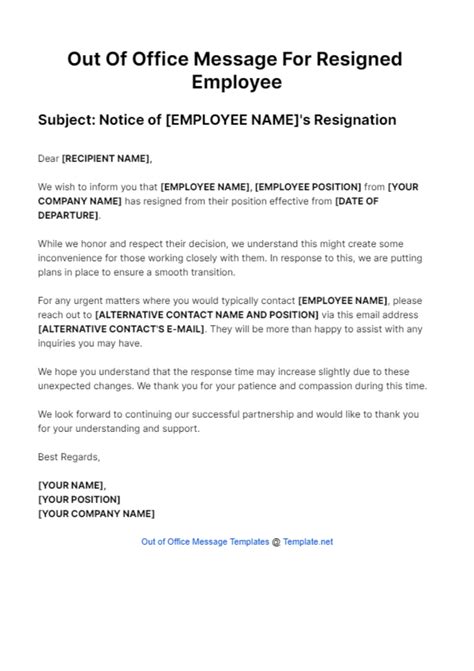 Free Out Of Office Message For Resigned Employee Template to Edit Online