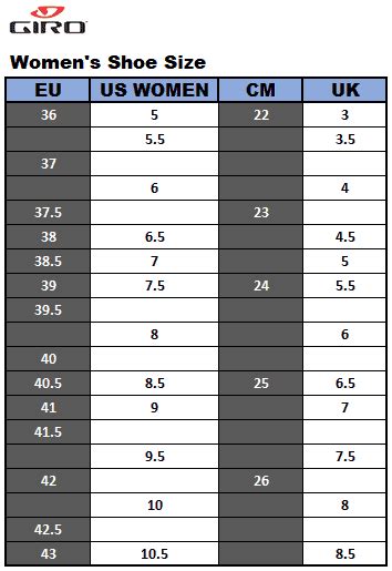 Giro Cycling Shoe Size Chart For Both Men And Women