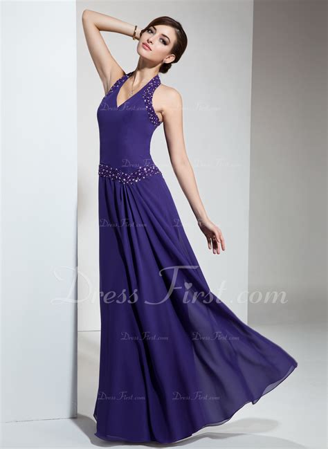 A Line Princess Halter Floor Length Chiffon Bridesmaid Dress With