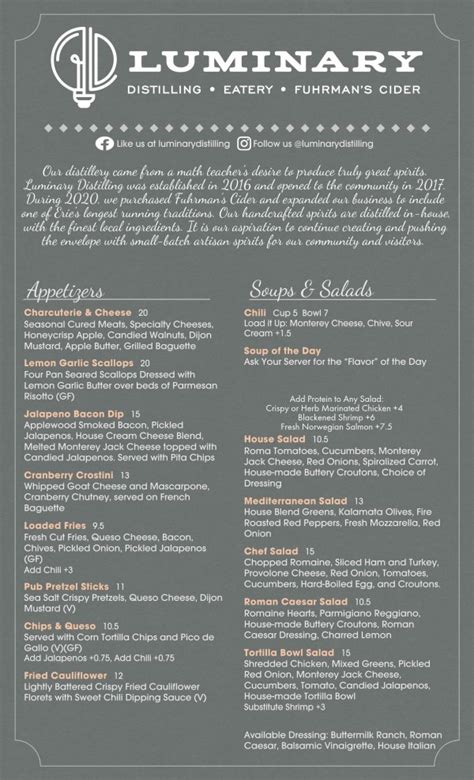 Distillery Eatery Food Menus Luminary Distilling LLC