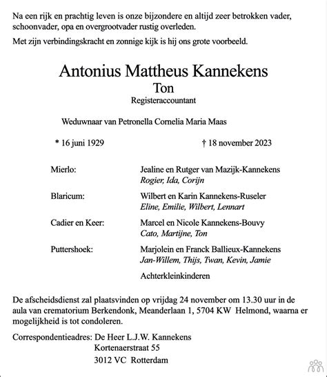 Ton Antonius Mattheus Kannekens Overlijdensbericht En