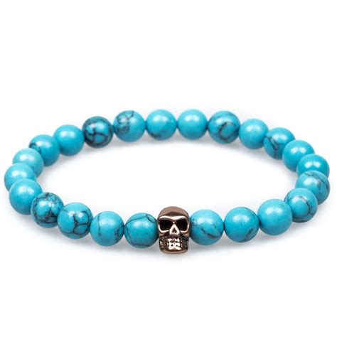 Duffle Blue Turquoise Rose Gold Skull Bracelet Mens Beaded Bracelets Otaa