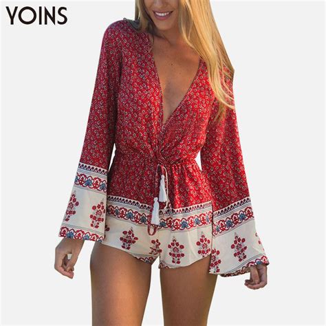 Boho Printed Women Jumpsuit Sexy V Neck Romper Long Sleeve Trajes