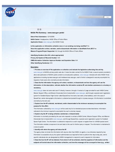 Fillable Online Nasa Privacy Impact Assessment Pia Summary Fax Email