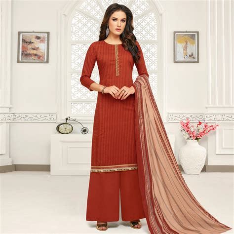 Attractive Red Colored Casual Wear Pure Cambric Cotton Palazzo Suit