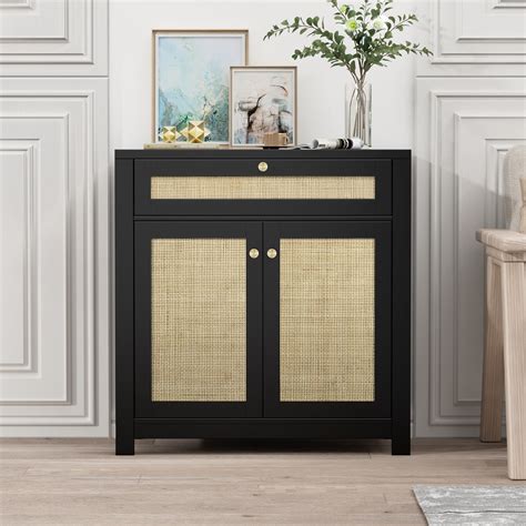 Black Rattan Cabinet With Drawer And 2 Doors Accent Cabinet With