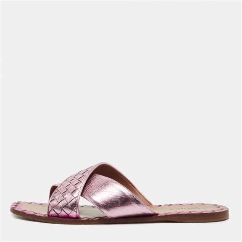 Bottega Veneta Metallic Purple Intrecciato Leather Ravello Flat Slides