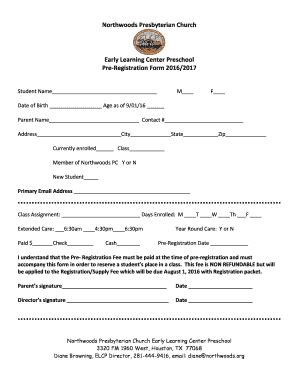 Fillable Online Northwoods Pre Registration Form 2016 2017doc