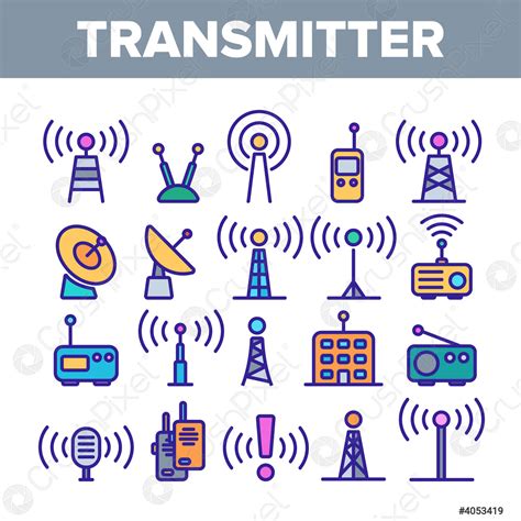 Transmisor Radio Torre Lineales Iconos Vectoriales Conjunto Vector