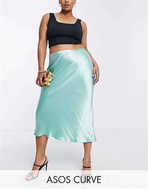 Asos Design Curve Satin Bias Midi Skirt In Mint Green Asos